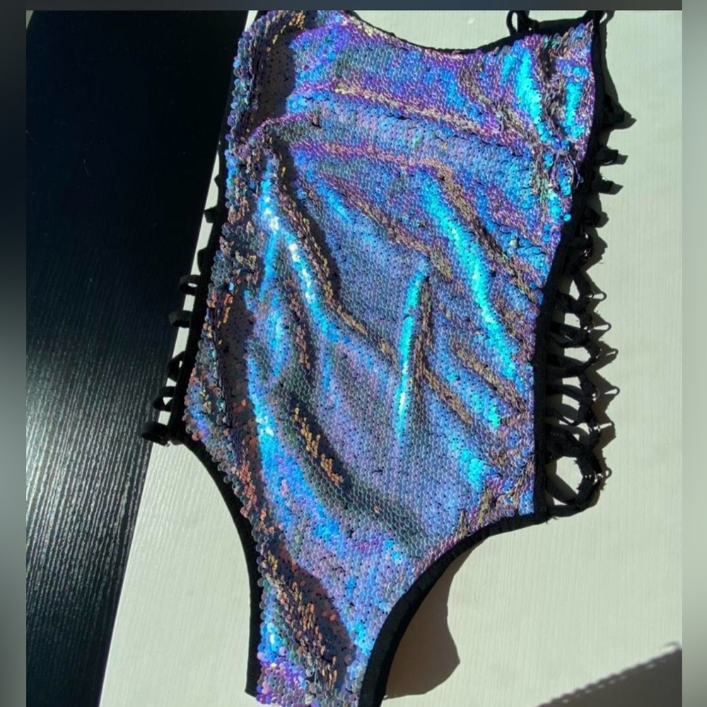 Holographic Sequin heartraves Bodysuit Festival Sparkly - Picture 7 of 9